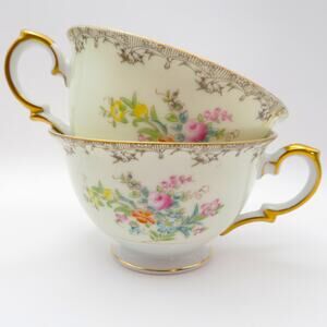 Meito China Burbank Hand Painted Made in Japan Set of 2 Teacups Floral Gold